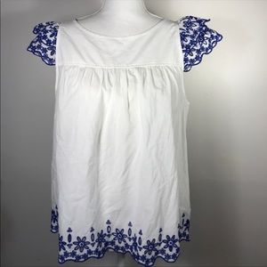 Madewell white blue embroidered story top
